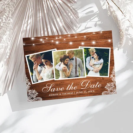 Rustic Wood Lights Lace 3 Photo Save The Date Customized Printed Postcard - Set of 10