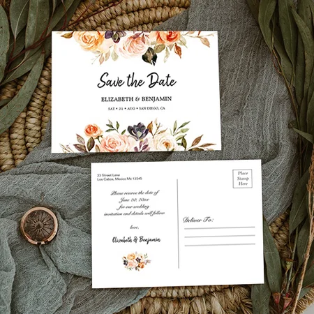 Autumn Terracotta Gold Orange Floral Save The Date Customized Printed Postcard - Set of 10
