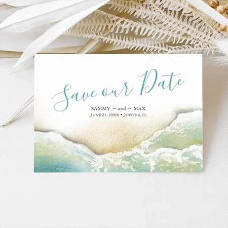 Coastal Shoreline Watercolor Save the Date Customized Printed Postcard - Set of 10