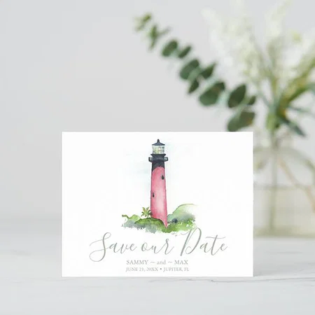 Watercolor Lighthouse Save the Date Customized Printed Postcard - Set of 10
