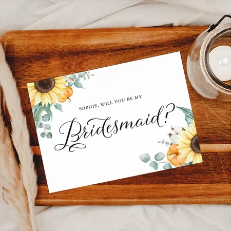 Sunflowers Pumpkins Will You Be My Bridesmaid Customized Printed Postcard - Set of 10