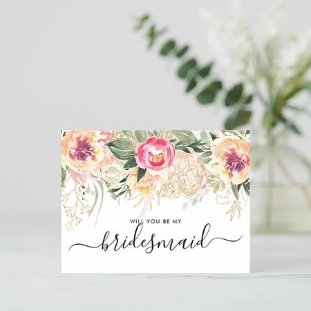 Watercolor Pink Peonies Will You Be My Bridesmaid Customized Printed Postcard - Set of 10