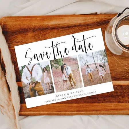 Rustic Script Three Photos Save the Date Customized Printed Postcard - Set of 10