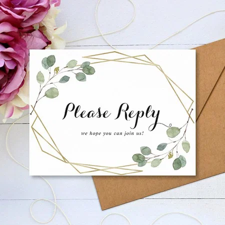 Gold Geometric Foliage Menu Choice RSVP Customized Printed Postcard - Set of 10