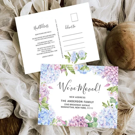 Elegant Blue Hydrangeas Moving Customized Printed Postcard - Set of 10