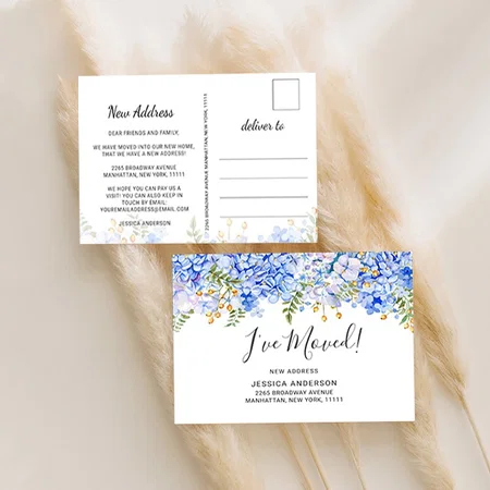 Elegant Blue Hydrangeas Moving Customized Printed Postcard - Set of 10