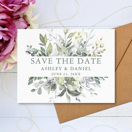 Watercolor Greenery Save the Date Sage Green Customized Printed Postcard - Set of 10