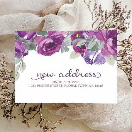 Purple Floral Elegant New Address Announcement Customized Printed Postcard - Set of 10