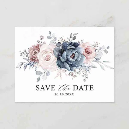 Dusty Blue Mauve Rose Pink Floral Save the Date Customized Printed Postcard - Set of 10
