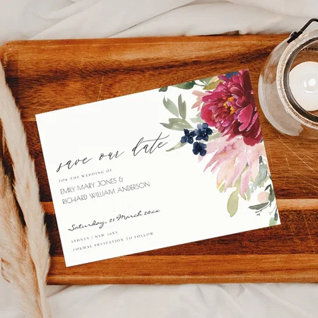 Burgundy Blush Blue Floral Wedding Save The Date Customized Printed Postcard - Set of 10