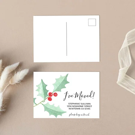 I've Moved Watercolor Holly Announcement Customized Printed Postcard - Set of 10