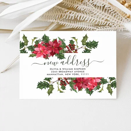 Elegant Watercolor Poinsettia Moving Announcement Customized Printed Postcard - Set of 10