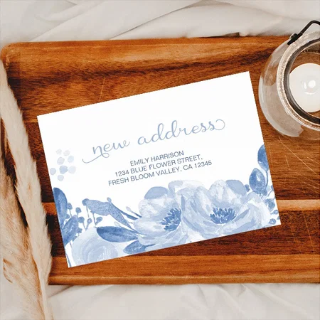 I've Moved Blue Watercolor Floral New Address Announcement Customized Printed Postcard - Set of 10