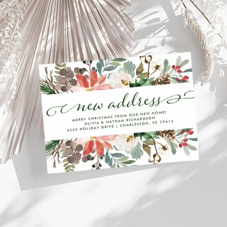 Christmas Floral Pretty Holiday Moving Announcement Customized Printed Postcard - Set of 10