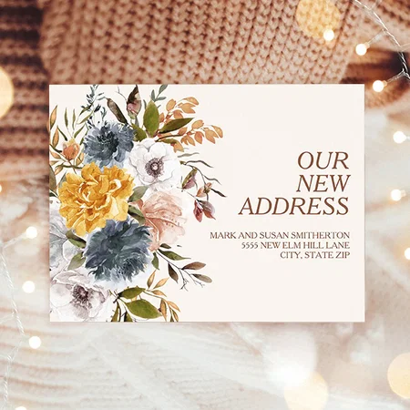 Change of Address Yellow Blue Rust Autumn Floral Customized Printed Postcard - Set of 10