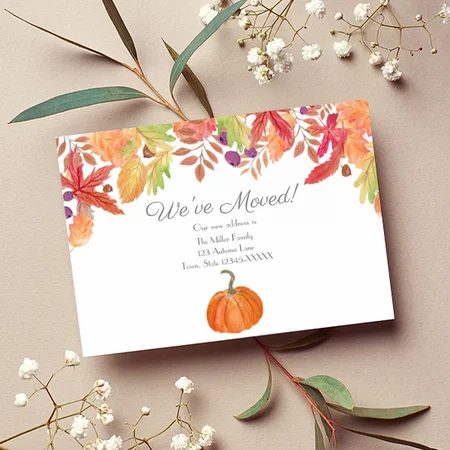 Watercolor Autumn Foliage With Pumpkin New Address Customized Printed Postcard - Set of 10
