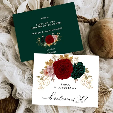 Autumnal Gold Burgundy Emerald Greeny Bridesmaid Customized Printed Postcard - Set of 10
