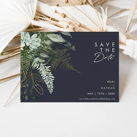 Greenery and Gold Leaf Script Dark Navy Save The Date Customized Printed Postcard - Set of 10