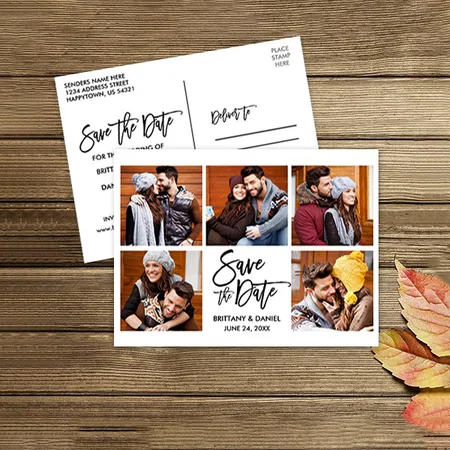 Modern Brush Script Save The Date 5 Photo Couple Customized Printed Postcard - Set of 10