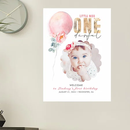 Miss Onederful Pink 1st Birthday Photo Customized Photo Printed Vertical Portrait Poster