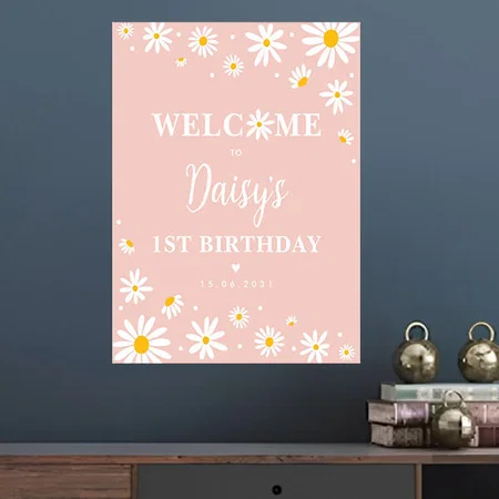 Blush Boho Floral Girl 1st Birthday Welcome Customized Photo Printed Vertical Portrait Poster