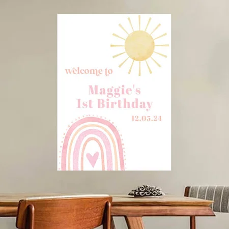 Pastel Pink Rainbow Sun 1st Birthday Welcome Customized Photo Printed Vertical Portrait Poster