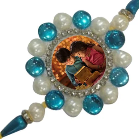 Circle Beads Blue Customized Photo Printed Rakhi