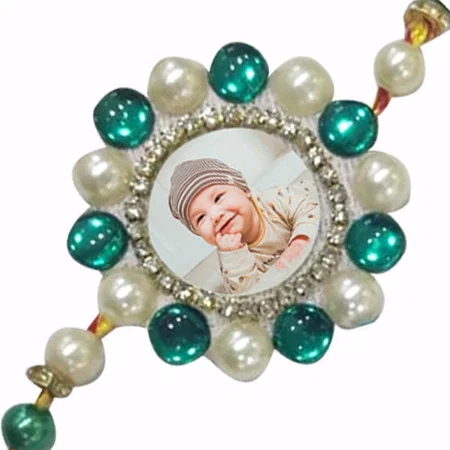 Circle Beads Green Customized Photo Printed Rakhi