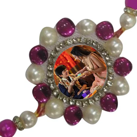 Circle Beads Pink Customized Photo Printed Rakhi