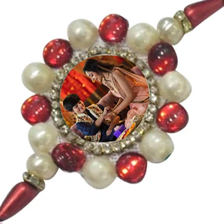 Circle_Beads_Red Customized Photo Printed Rakhi