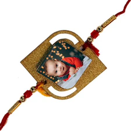 Golden Fancy Square Customized Photo Printed Rakhi