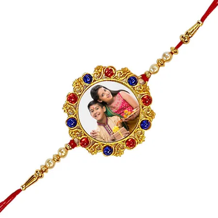 Multicolor Beads Circle Customized Photo Printed Rakhi