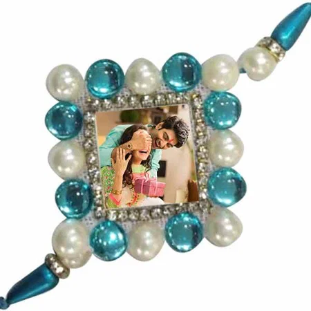 Square Beads Blue Customized Photo Printed Rakhi