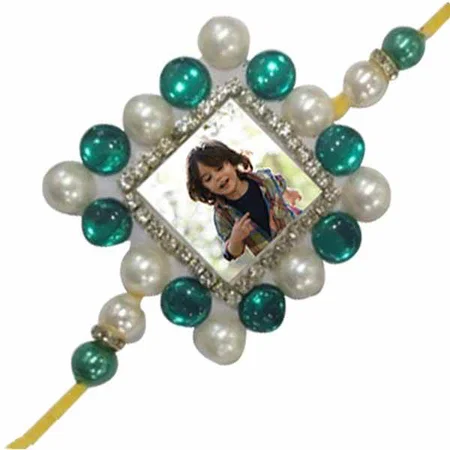 Square Beads Green Customized Photo Printed Rakhi
