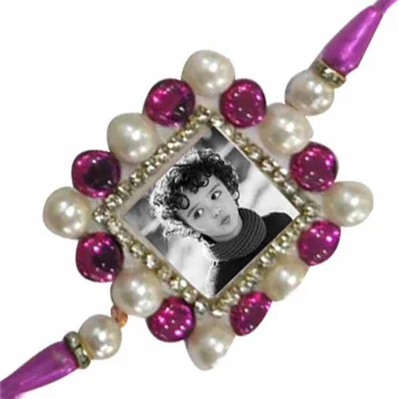Square Beads Pink Customized Photo Printed Rakhi