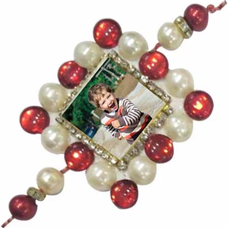 Square Red Beads Customized Photo Printed Rakhi