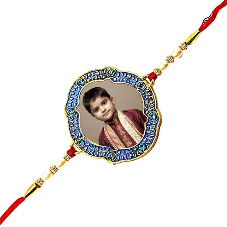 Blue Design Customized Photo Printed Rakhi