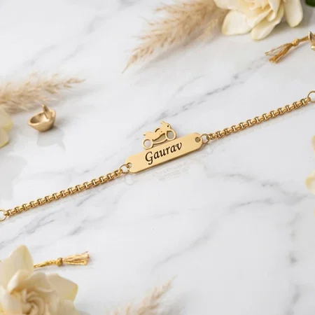 Motorcycle Rider Customized Name Gold Finish Bracelet Rakhi