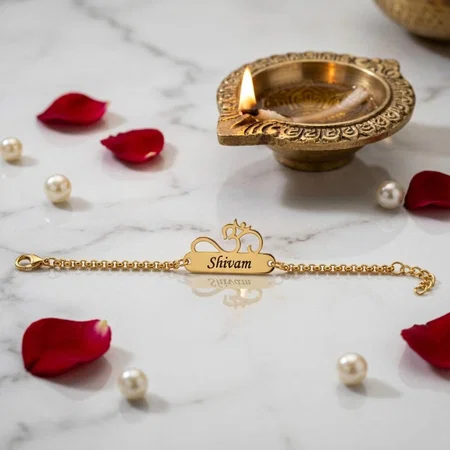 OM Design Customized Name Gold Finish Bracelet Rakhi