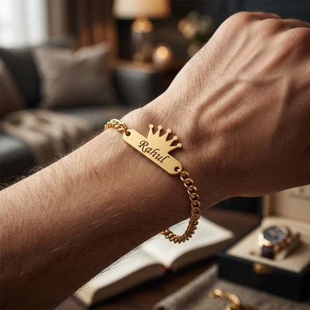 Crown Design Customized Name Gold Finish Bracelet Rakhi