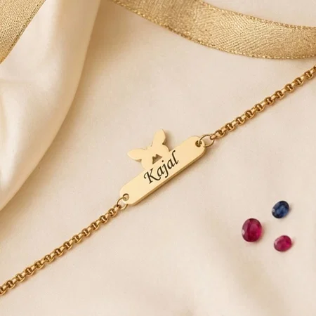 Butterfly Design Customized Name Gold Finish Bracelet Rakhi