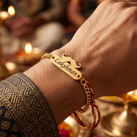 Moustache Design Customized Name Gold Finish Bracelet Rakhi