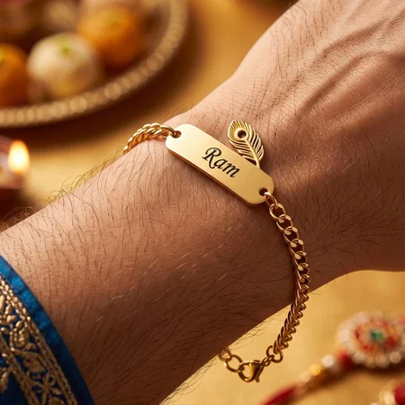 Peacock Feather Customized Name Gold Finish Bracelet Rakhi