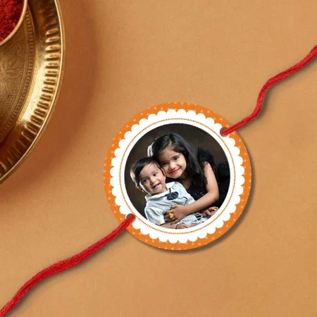Orange Circle Clouds Customized Photo Printed Acrylic Rakhi