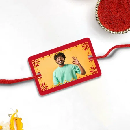 Red & Golden Frame Customized Photo Printed Rectangle Acrylic Rakhi