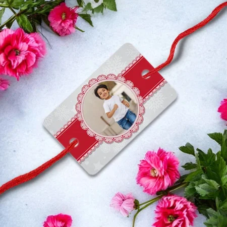 Red & Grey Customized Photo Printed Rectangle Acrylic Rakhi