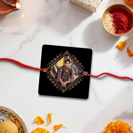 Black Gold Customized Photo Printed Square Acrylic Rakhi