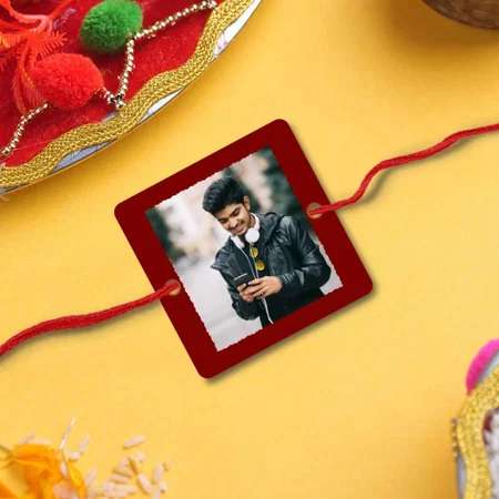 Red Frame Customized Photo Printed Square Acrylic Rakhi