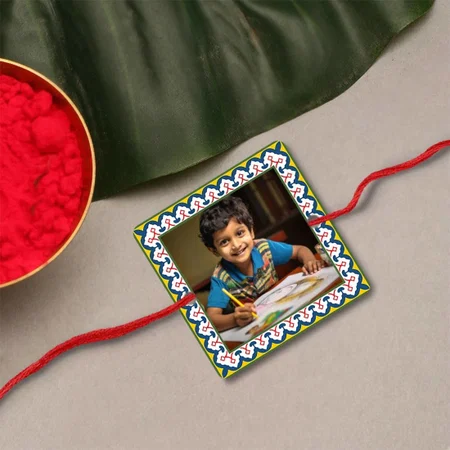 Yellow Pattern Customized Photo Printed Square Acrylic Rakhi