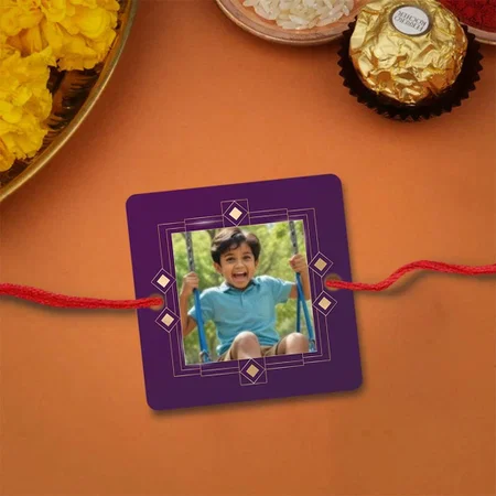 Purple Frame Customized Photo Printed Square Acrylic Rakhi